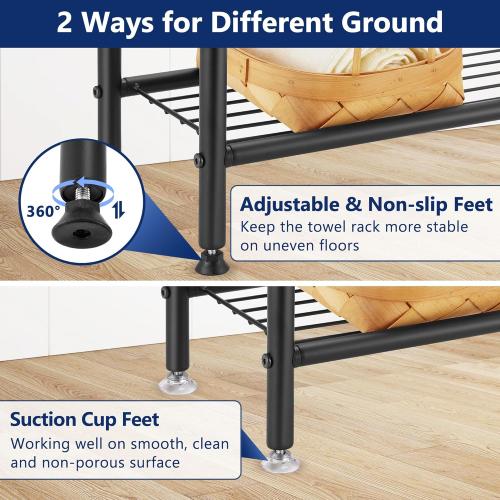 Free Standing Towel Rack, 2 Tier Towel Racks for Bathroom with Storage Shelves, Modern Outdoor Standing Towel Drying Rack for Poolside, Black Blanket Rack Holder, DECLUTTR