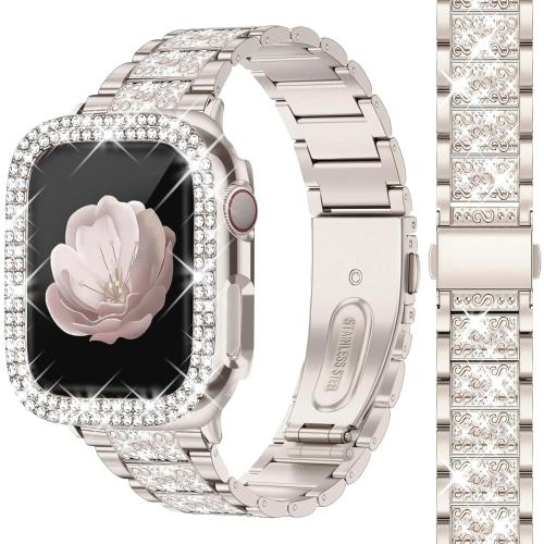 Bling Watch Bands with Bling Case for Women Compatible with Apple Watch Band 49mm Elegant Dressy Jewelry Replacement Metal Link Wristband Protector Cover for iWatch Series Ultra 3/2/1 Starlight