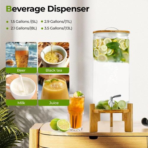 Size 2.9 Beverage Dispenser 2.9 Gallon with Spigot Glass Water Dispenser for Parties, Bars, Restaurants (11L）with Wood Stand Drink Dispensers