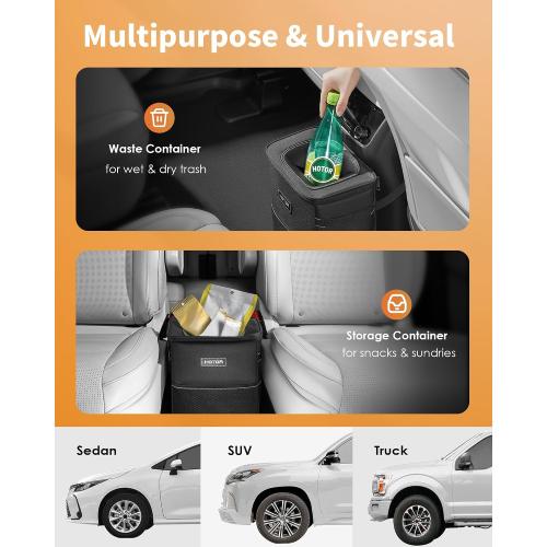 HOTOR Car Trash Can with Lid and Storage Pockets - 100% Leak-Proof Organizer, Waterproof Garbage Can, Multipurpose Trash Bin for Car, 2 Gallons, Black
