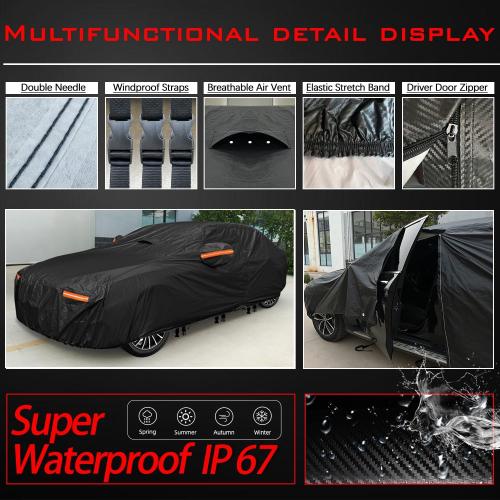 30 Layers Car Cover for Automobiles All Weather Waterproof, Outdoor Snowproof UV Protection Windproof, Door Zipper, Soft Cotton, Heavy Duty Universal Car Covers, (Black, Fit Sedans 181-190)