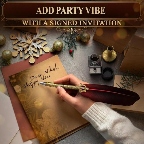 Red Feather Quill Pen and Ink Set - 11.4 Antique Feather Pen and Ink Set with Stainless Steel Nib for Calligraphy Practice, Drawing & Signatures - Designed for Beginners and Calligraphy Enthusiasts