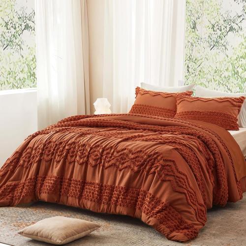 Luxudecor Terracotta Boho Tufted Comforter Set Boho Shabby Chic Comforter Farmhouse Embroidery Bedding Set Soft Comforter for All Seasons (Terracotta)