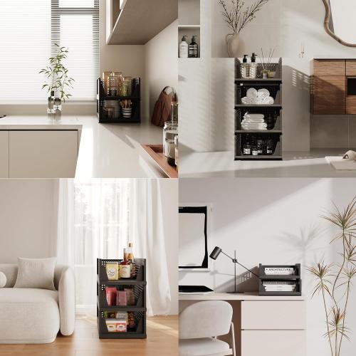 Pack of 5 Color Black Pinkpum 5 Pack Folding Closet Organizers - Stackable Plastic Drawer Basket for Clothing, Shelf Storage Container for Closet, Wardrobe, Bedroom, Bathroom, Office (Black)