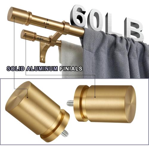 Double Curtain Rod 36 to 72 Inch,1 Inch Heavy Duty Curtain Rods for Windows with Solid Aluminum Cylindrical Finials and Bracket,1’’ Front and 5/8’’ Back Telescoping Double Drapery Rod,Warm Gold