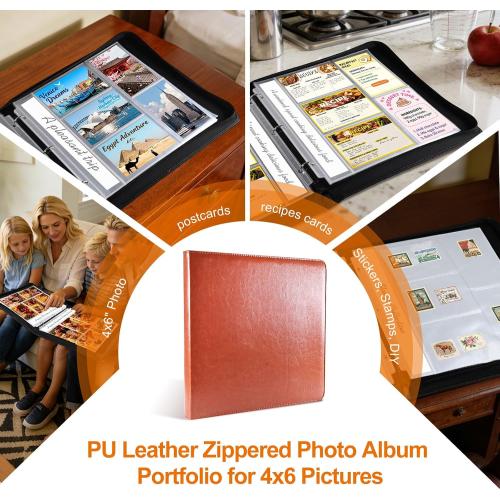 4x6 Photo Album for 3-Ring Binder – Zippered Leather Picture Albums Kit with 20 Page Protectors, Holds 200 Mixed Layout Photos, Large Capacity Family Wedding Anniversary Baby Album Book, Brown