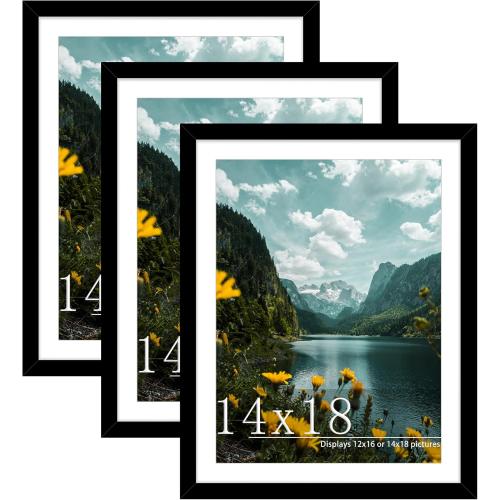 Picrit 14x18 Picture Frame 3 Pack, Black Poster Frame, Display Poster 12 x 16 with Mat or 14 x 18 without Mat for Horizontal or Vertical Wall Mounting