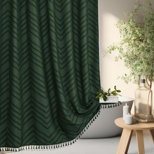 Extra Long Dark Green Boho Shower Curtain with Tassel, Woven Fabric 96 in Shower Curtain, Tufted Chevron Striped, 72 x 96, Modern Chic Textured Minimalist Bathroom Shower