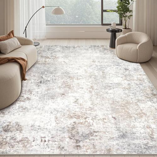 Modern Washable Rugs 9x12 Area Rugs for Living Room,Abstract Rugs for Bedroom,Large Carpets,Ultra Soft Faux Wool Retro Dining Room Rug,Non Slip&Non-Shedding Low Pile Print Rug- Beige Grey