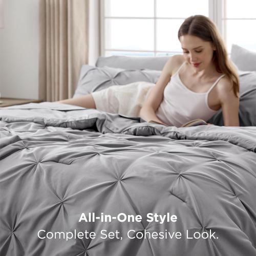 Bedsure Full Comforter Set Grey - Bed in a Bag Full Size Bedding Set 7 Pieces, GentleSoft™ Pintuck Bed Set Gift for Family, Pinch Pleat Grey Comforter with Sheets, Pillowcases & Shams