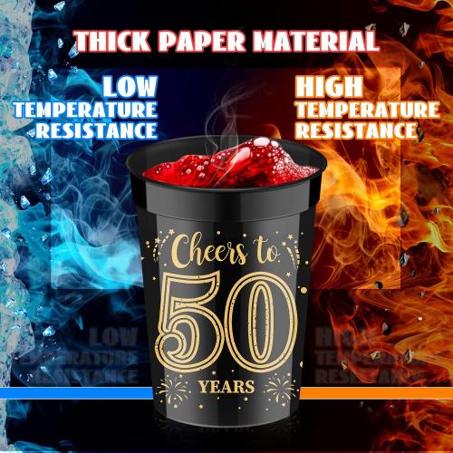 40 Pack 50th Birthday Cups Cheers to 50 Years Birthday Party Cups Gold and Black Plastic Stadium for Decorations Party Favors Men Women Wedding Anniversary Supplies