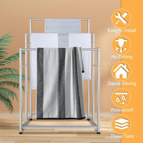 47.6 Inch Tall Free Standing Towel Racks 3 Tier Pool Towel Rack Outdoor Oversized Floor Bath Towel Drying Valet Holder Blanket Quilt Rack Stand for Bathroom Bedroom Beach Hot Tub Gym Pool Area Outside