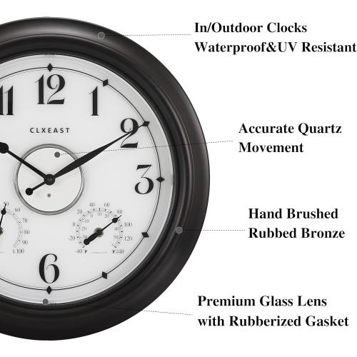 CLXEAST Illuminated Indoor Outdoor Clocks Waterproof 18 inch with Smart Night Light Sensor,Large Wall Clock with Thermometer & Hygrometer,Oil Rubbed Bronze Black,House Warming Gifts New Home