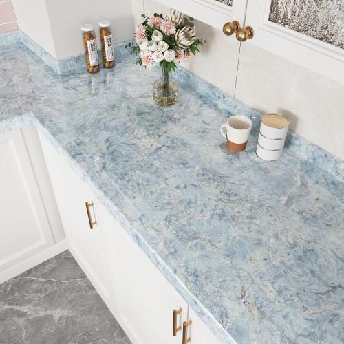 Wallercity Cream Blue Marble Contact Paper for Countertops 24x315 Waterproof Kitchen Wallpaper Peel and Stick Countertops Removable Glossy Granite Marble Wallpaper for Bathroom Table Top Desk Wrap