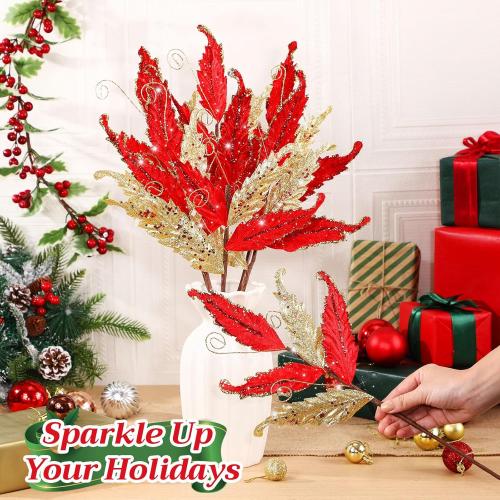 HyDren 10 Pcs Christmas Glitter Leaves Large Ornaments for Christmas Tree Picks Sprays Artificial Stems Branches Twigs Sprigs Floral for Xmas Tree Wreath Garland Vase DIY Decor(Red and Gold)