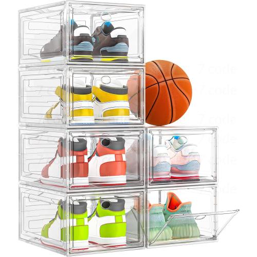 Thickened Clear Shoe Storage Organizer with Magnetic Door, Sturdy Stackable Shoe Boxes for Closet, Collapsible Space-Saving Shoe Rack for Sneakers & Boots, Plastic Shoe Cabinet Box Set, 6 Pack, White