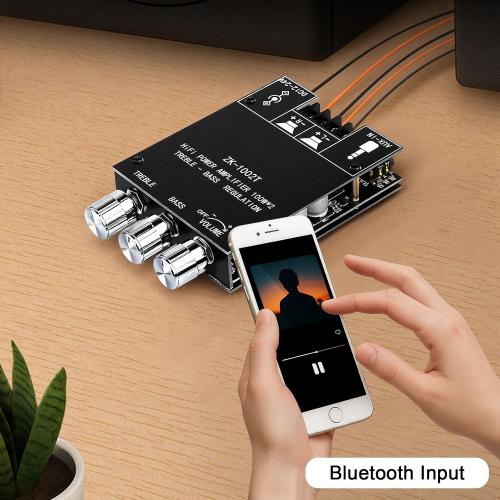 ZK-1002T 100W 100W Bluetooth Amplifier Board, 2.0 Channel Bluetooth 5.0 Subwoofer Audio AMP with Treble and Bass Control, DC12-24V, BT and AUX Inputs, TPA3116D2 Chip Stereo AMP Board for DIY Speakers