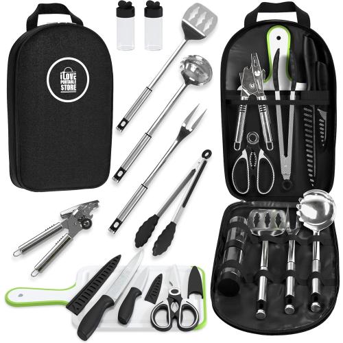 Camp Cooking Utensils | 11 Piece Camping Kitchen | RV Cookware Kit | Travel Grill Set | BBQ Accessories & Essentials for Camper