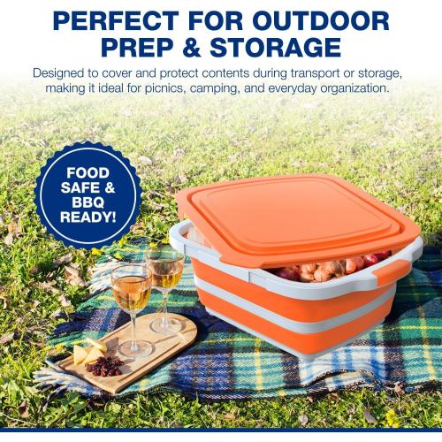 2-Pack XL Collapsible BBQ Prep Tub with Built-In Cutting Board, Lid & Strainer – Marinate, Drain & Prep – Large Food-Safe Container – Perfect for Grilling, Smoking & Outdoor Cooking