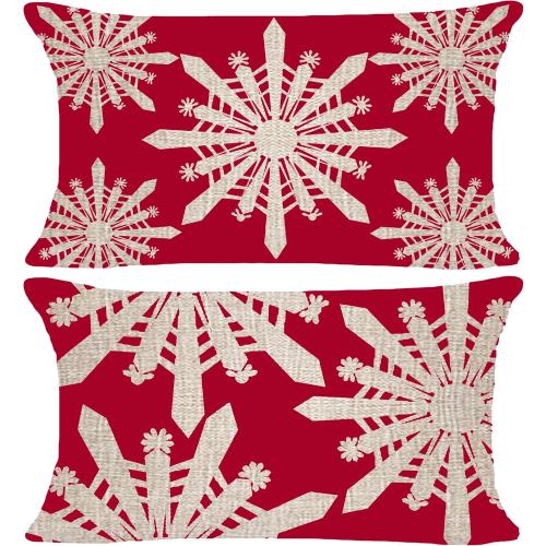 Outdoor Christmas Lumbar Pillow Covers Snowflake 12x20 2 Pack, Red Christmas Throw Pillow Covers for Porch Garden Couch, Winter Lumbar Pillow Cases Without Fillers