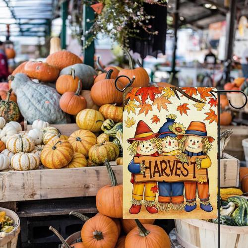 Dyrenson Fall Harvest Scarecrow Decorative Garden Flag, Autumn Maple Leaves Yard Outside Home Decoration, Farmhouse Burlap Outdoor Small Decor Double Sided 12 x 18