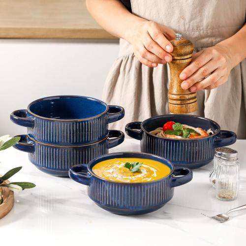 Soup Bowls with Handles, 23 oz French Onion Soup Crocks, Stackable Soup Bowl Oven Safe for Chili, Beef Stew, Embossment Ceramic Bowl Set - 5.4 Inch, Set of 4,Blue