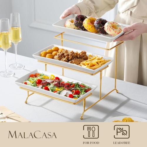 MALACASA 3 Tier Serving Trays for Party, 12 Inch Porcelain White Trays for Serving Food, Dessert Stand with Collapsible Gold Metal Rack