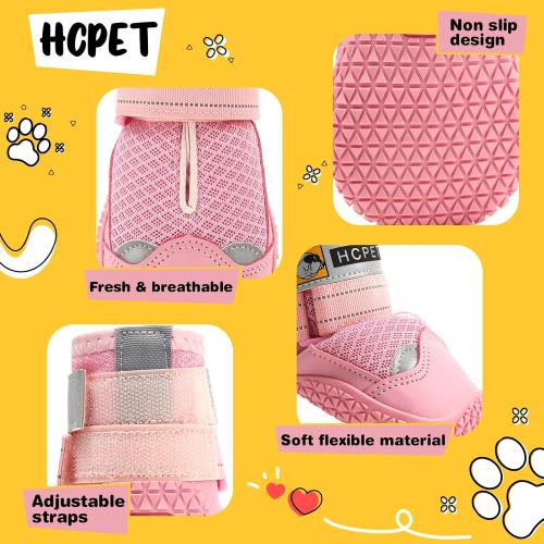 Hcpet Dog Shoes for Large Dogs, Breathable Dog Booties for Small Medium Dogs, Anti-Slip Dog Boots & Paw Protectors for Hot Pavement Winter Snow Hiking with Reflective Straps Pink Size 2