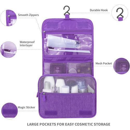 Large Capacity Toiletry Bag Travel Bag with Hanging Hook for Men and Women Waterproof Travel Cosmetic Bag Bathroom Storage Bag for Brushes Set, Full-Sized Shampoo, Toiletries, (Purple)