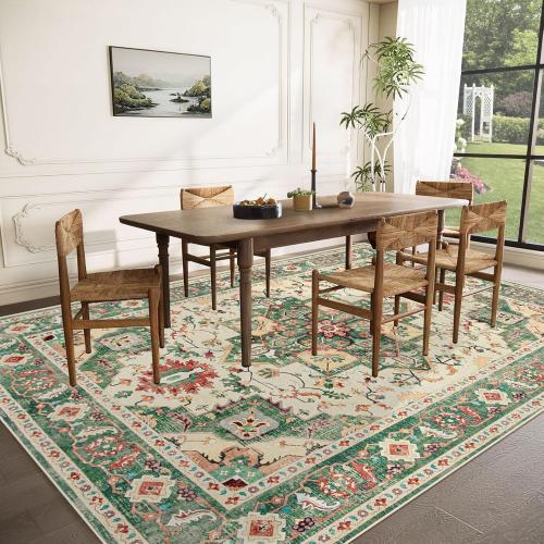 Area Rug 8x10 Washable Rug, Vintage Boho Medallion Rugs Non-Slip Soft Low Pile Large Distressed Rug Indoor Retro Carpet for Living Room Bedroom Dining Room Home Office (Green Beige, 8'x10')