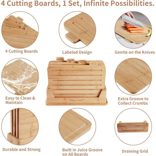 12.6L x 9W Bamboo Cutting Board Set of 4 - Wood Cutting Board Set with Holder, Chopping Boards Set with Food Icons, Juice Groove - Ideal for Meat, Fish, Bread, Vegetable, Fruit Chopping