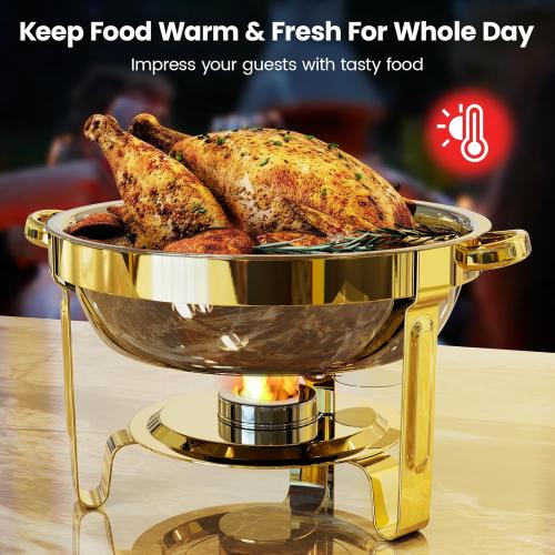 Round Chafing Dishes for Buffet 4 Pack, 6QT Chafers and Buffet Warmers Sets with 2 Heat-Proof Gloves, 4 Spoons, 4 Slotted Spoons & 4 Tongs, Gold Chafing Dishes for Buffet Parties Gatherings
