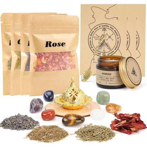 Witchcraft Kit for Wiccan Supplies and Tools, Sage Candles for Cleansing House, 4 Magic Herbs, 7 Healing Crystals for Altar Supplies, Wiccan Decor, Wiccan Gifts for Women