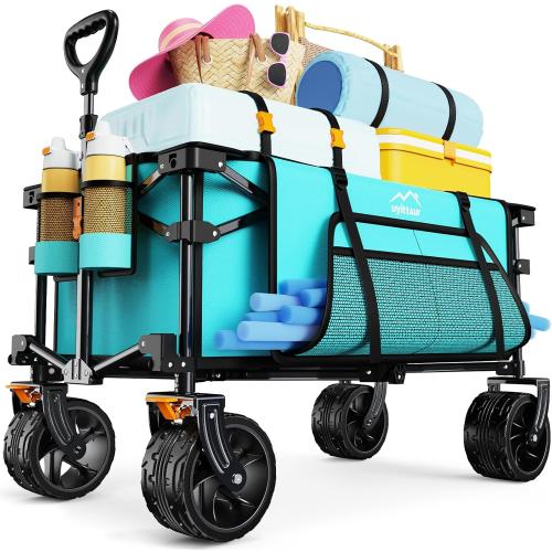 Light Blue Collapsible Wagon Cart Heavy Duty Foldable, Folding Beach Wagon with Big Wheels for Sand, Utility Grocery Cart with Side Pocket and Brakes for Sports Outdoor Activities, Light Blue