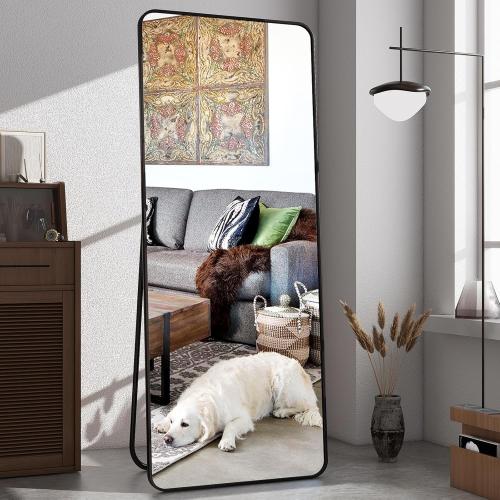 64x21 Full Length Mirror, Full Body Rounded Corner Rectangle Mirrors with Stand, Standing or Leaning Metal Framed Floor Mirror, Wall Mounted Mirrors Hang Horizontally or Vertically, Black
