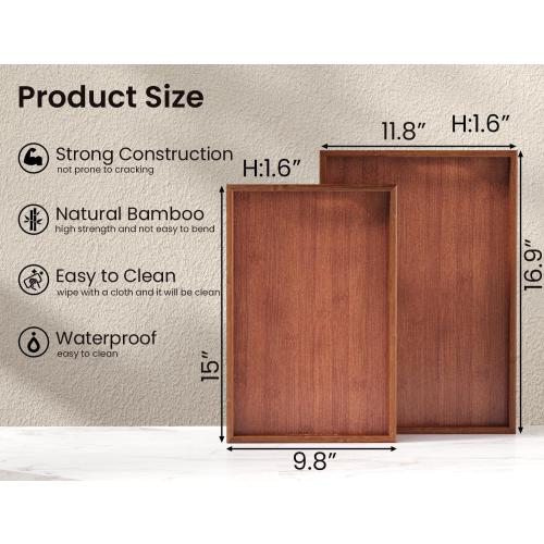 Bamboo Set of 2 Serving Tray with Handles,Decorative Trays Platter,Breakfast Tray in Bed,Food Drinks Tray for Eating,Working,Storing(Brown)