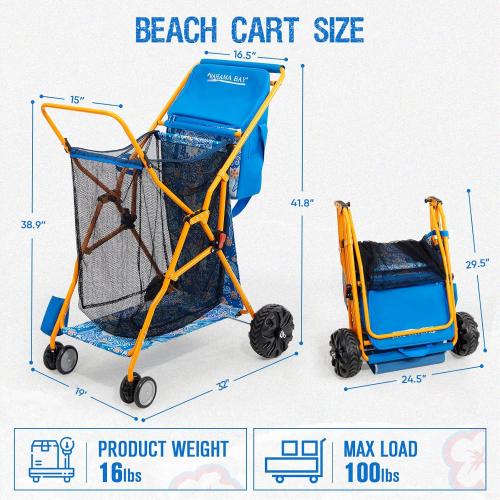 Heavy-Duty Beach Cart with 100 lbs Capacity - Foldable Beach Wagon with Removable 20L Cooler Bag, Sand Chair Holder, Umbrella Stand & Large Mesh Basket for Beach, Camping, Picnic