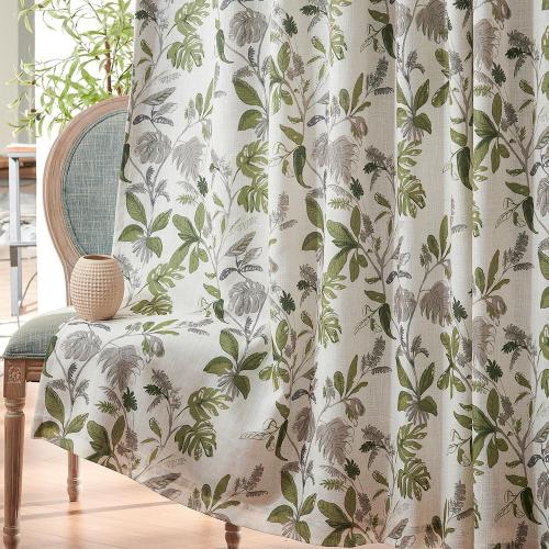 jinchan 100% Blackout Curtains for Bedroom 96 Inches Length Linen Curtains Tropical Green Leaf Print Botanical Window Treatment with Lining for Living Room Farmhouse Country Drapes Set 2 Panels