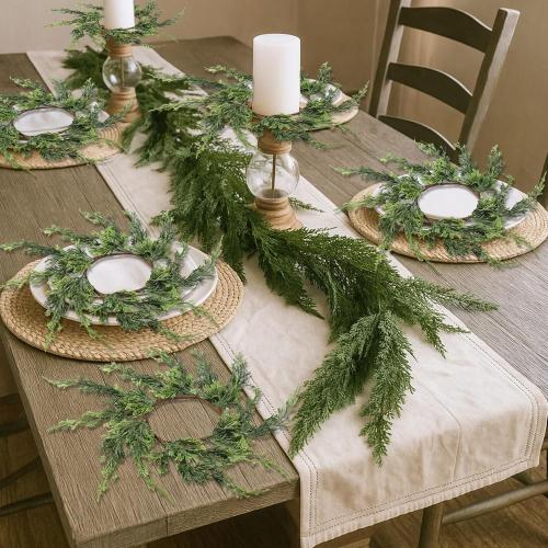 Vesici 4 Pcs 12.6'' Christmas Candle Rings Wreath Artificial Cedar Mini Kitchen Cabinet Wreath Decoration Xmas Candle Ring Table Centerpiece Decor for Christmas Wedding Home Table Decoration