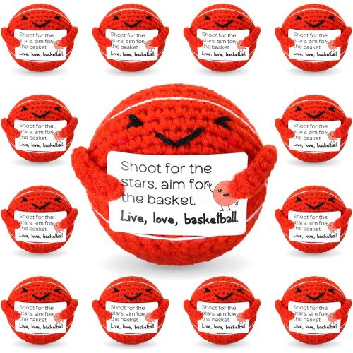 12 Pcs Christmas Basketball Gifts Bulk Handmade Crochet Basketballs with Positive Cards for Team Coach Coworker Friend Birthday Holiday Party Favors Home Decor Supplies