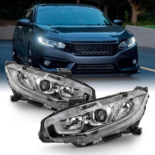 Headlight Assembly Fit for 2016-2021 Honda Civic,Halogen Headlamp w/LED DRL Chrome Housing Replacement Driver Passenger Side