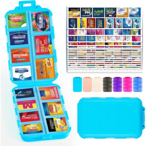 Travel Pill Organizer with Bulk Stickers & Labels - Small & Portable Week Daily Medicine Pharmacy for Pocket, Bag - 14-Compartment Foldable Supplement Box Holder for Fish Oil Vitamin - Blue