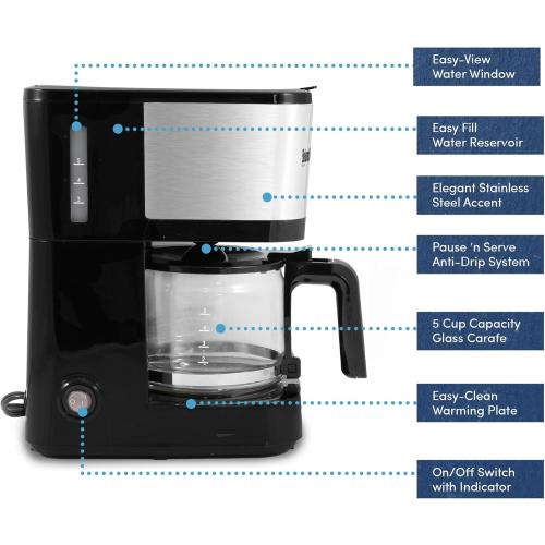 Elite Gourmet EHC9420 Automatic 5-Cup Brew & Drip Coffee Maker with Pause N Serve Reusable Filter, On/Off Switch, Water Level Indicator