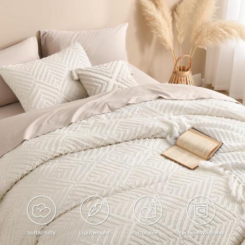 King Size Comforter Set Beige, 7 8-A-2400-A-1Pieces Boho King Bedding Comforter Set Cream, All Season Soft Lightweight Tufted Textured Down Alternative Comforter Fluffy Bed Set