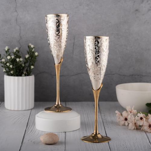 Pure Brass Silver Coated Champagne Glass Set of 2 - Encarved Goblet Champagne Flutes Glasses Comes with Valvet Blue Gift Box - Ideal for Wine Baverage Juice & More 100ml