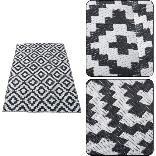 Outdoor Rug Black White Coloured Outdoor Camping Rug, Woven Tape Edging on Both Ends Complete with Accessories and Storage Bag Picnic Outdoor Rug