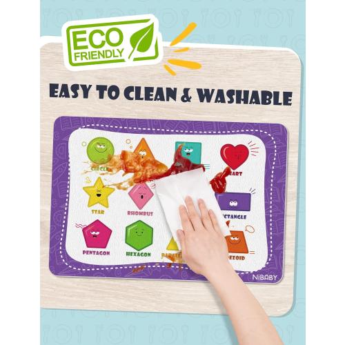 NiBaby Kids' Non Slip Educational Placemats Set of 4 Washable, Children's Interactive Placemats Foldable, Toddler Placemats for Learning Alphabet, Numbers, Shapes, Colors- Durable Reusable PU Leather