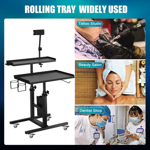 POARMEEY Premium Tattoo Salon Tray Adjustable Double Tier Tattoo Workstation with Wheels for Studio