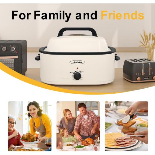 Sunvivi Roaster Oven, Electric Roaster Oven with Viewing Lid, 28lb 24-Quart Turkey Roaster with Unique Defrost/Warm Function, Large Roaster with Removable Pan & Rack, Stainless Steel, White