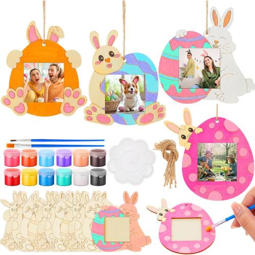 Wenqik 12 Set Easter Picture Frame Craft Kit, Egg Bunny DIY Wood Photo Frames with 12 Paint Colors, 2 Brushes, Palette & Hanging Rope, Spring Easter Crafts Party Favors
